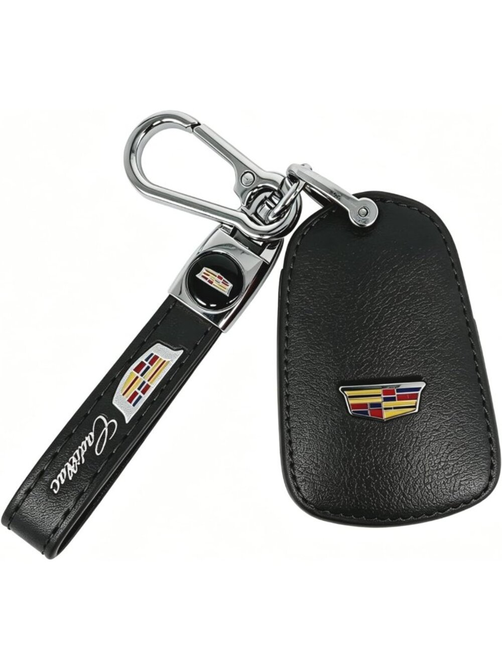 Full Protective Leather Key Fob Cover with Metal Keychain - Fits Cadillac Models